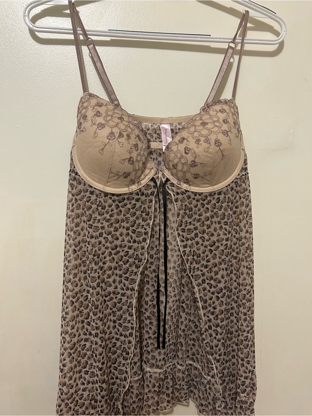 Vintage Inner Secrets Leopard Print Mesh Babydoll Nightie w/Beige Embroidery